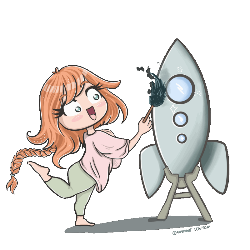 Agnieszka omiata miotełką rakietę symbolizującą projekt klienta