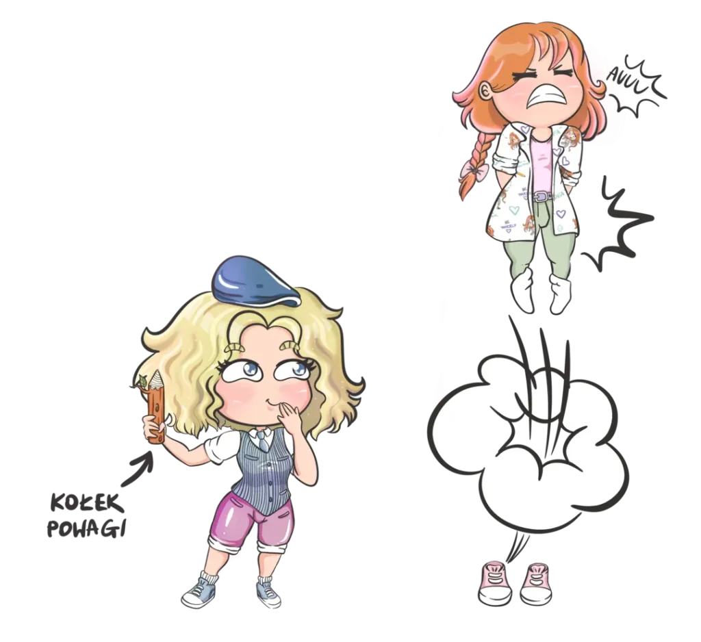 Avatary się przedrzeźniają. Karolina wysiąga Agnieszce przysłowiowy kołek powagi z tyłka, a w efekcie Agnieszka wyskakuje z butów i leci w górę trzymając się za zadek zadek. Jej mimika jest pełna bólu, ale teraz czeka ją wolność, bo nadszedł czas wyluzowanych nas z biznesie.